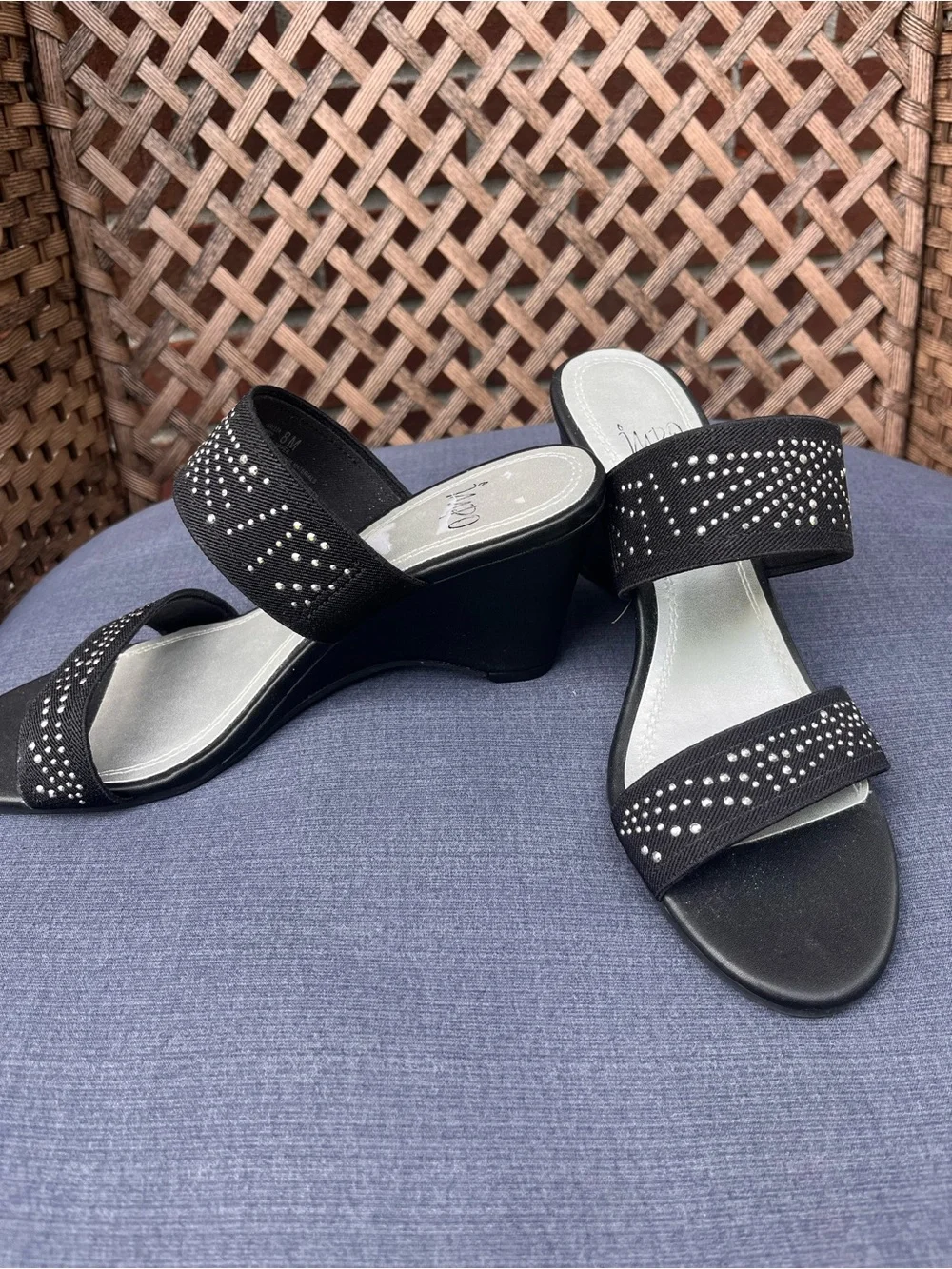 Impo Black Rhinestone Wedge Sandals women’s size 8M Slip Ons